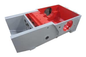 Steel casting with zinc-rich primer and wet spray topcoat for heavy equipment.
